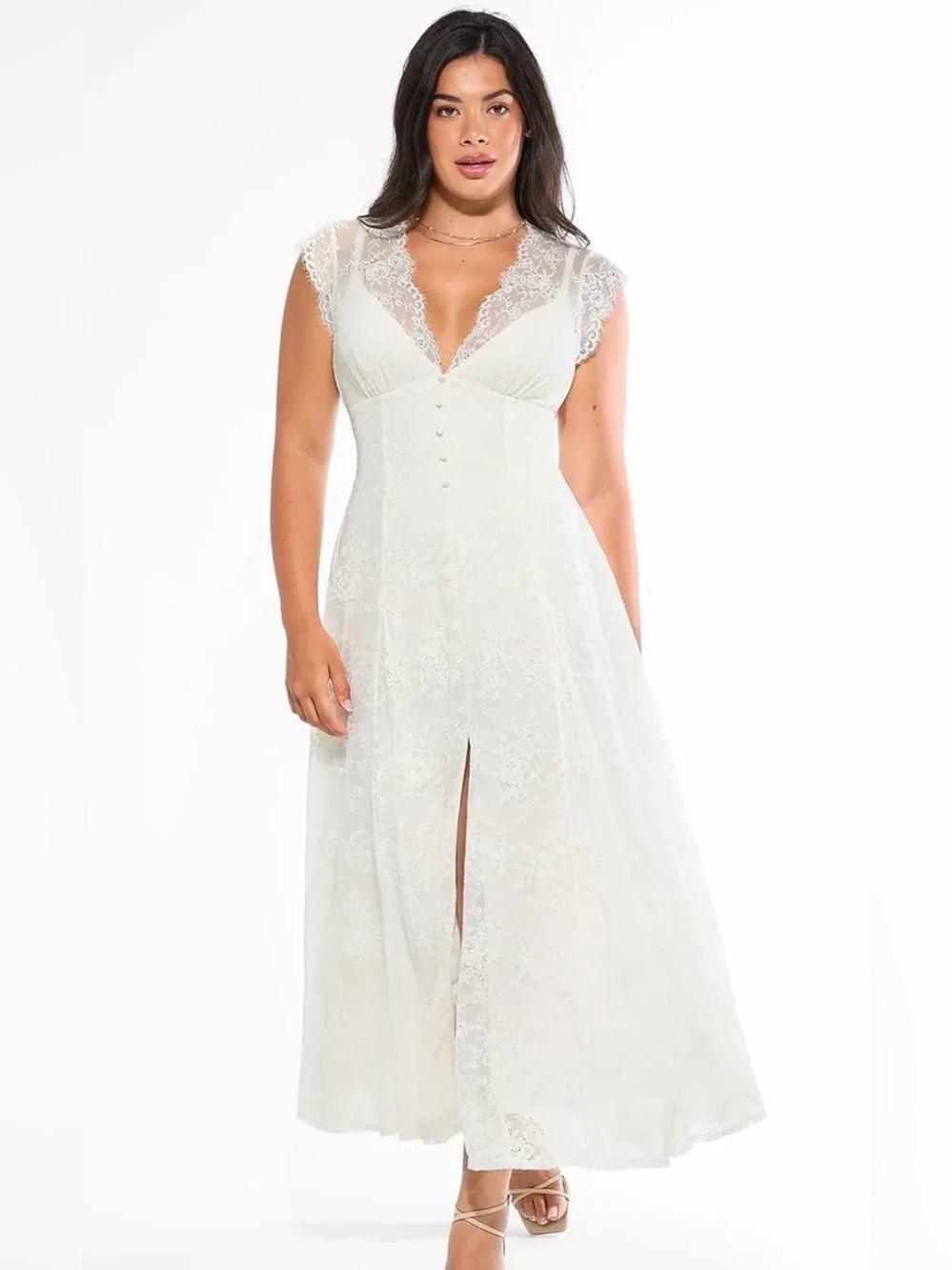 Popilush Shapewear Boho Floral Lace Front Slit Maxi Dress Ivory XXL